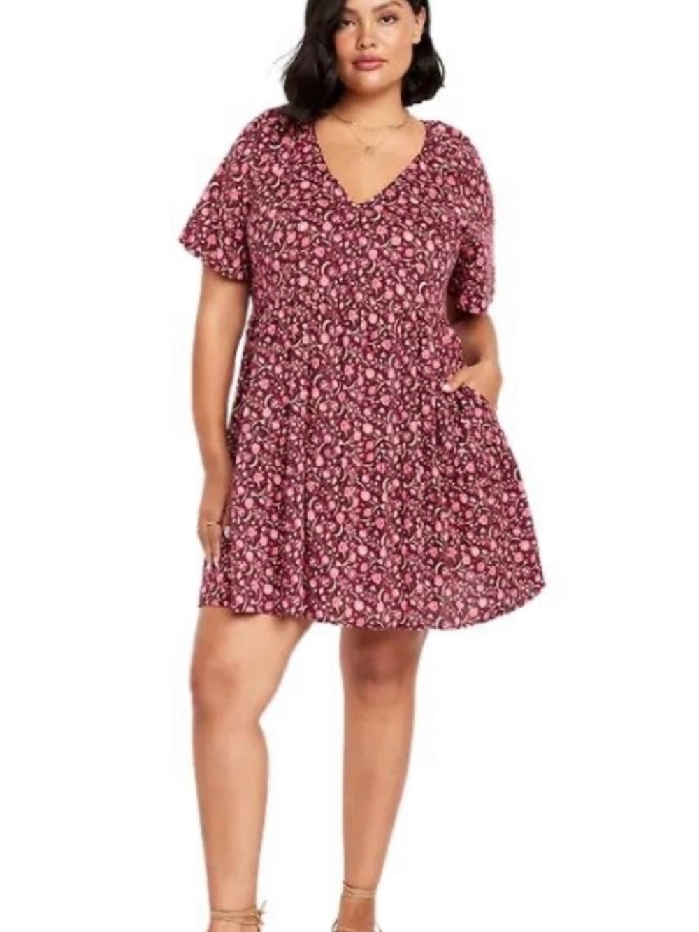 Old Navy Pink Floral V-Neck Short Sleeve Mini Dress